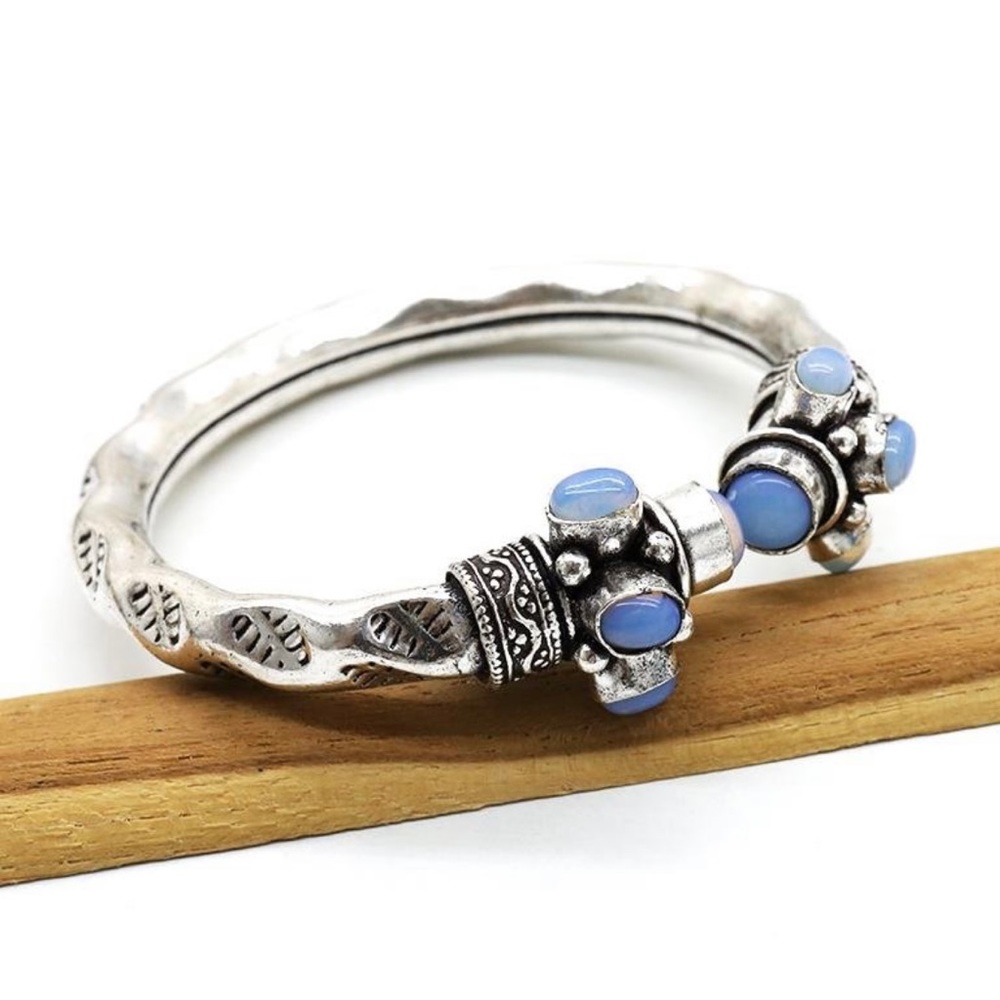 Silver Plated Bracelet Bangle with Genuine Opal